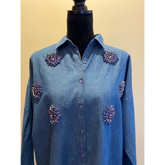 Saloon Button Down Blouse Sz Large Light Denim Cotton Studded Rhinestone Design - Picture 2 of 12